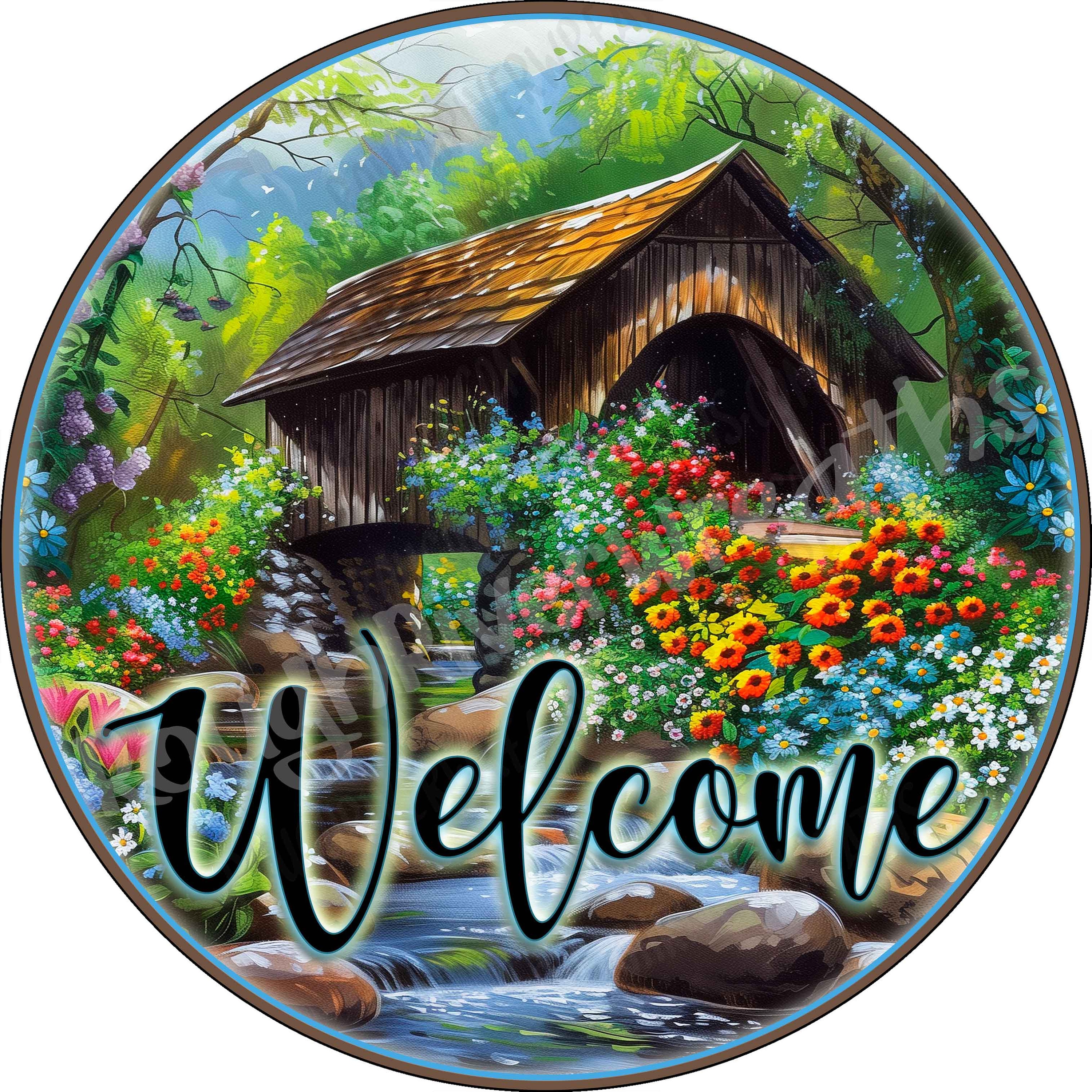 Welcome Wreath Sign, Covered Bridge Wreath Sign, Stream Wreath Sign ...