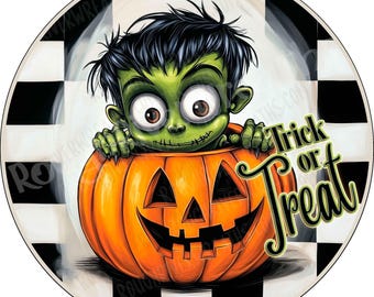 May include: A round sign featuring a green-skinned character with messy black hair and large eyes peeking out from inside a carved orange jack-o'-lantern pumpkin. The background is a black and white checkered pattern with the text Trick or Treat.