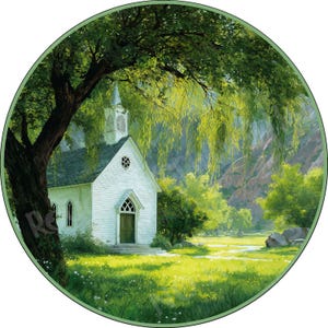 May include: A serene landscape painting of a white church with a green roof, nestled in a lush green meadow. A large tree with cascading branches frames the church, with a mountain range in the background. The artwork is set within a circular frame.