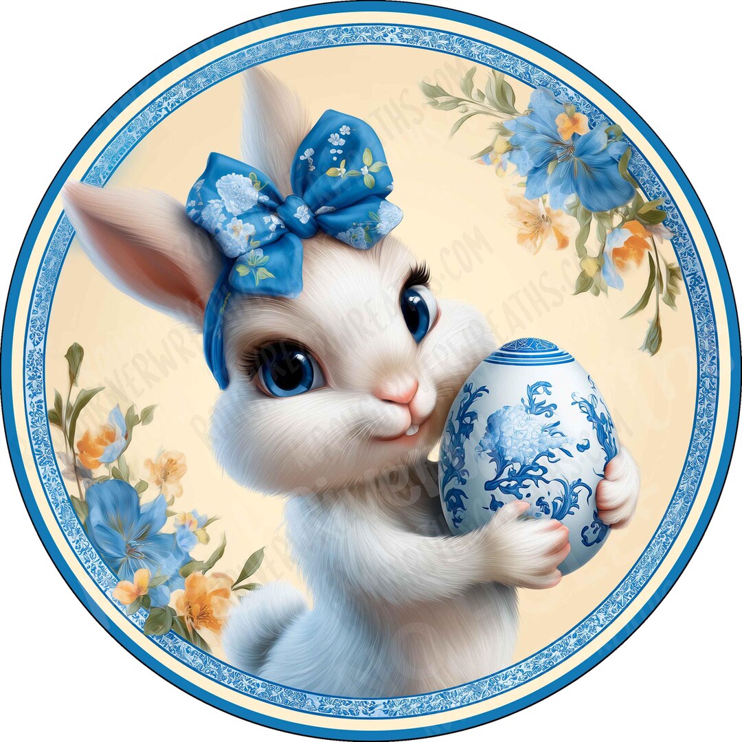 Bunny Rabbit With Bow Holding Large Egg Aluminum Wreath Sign, Easter ...