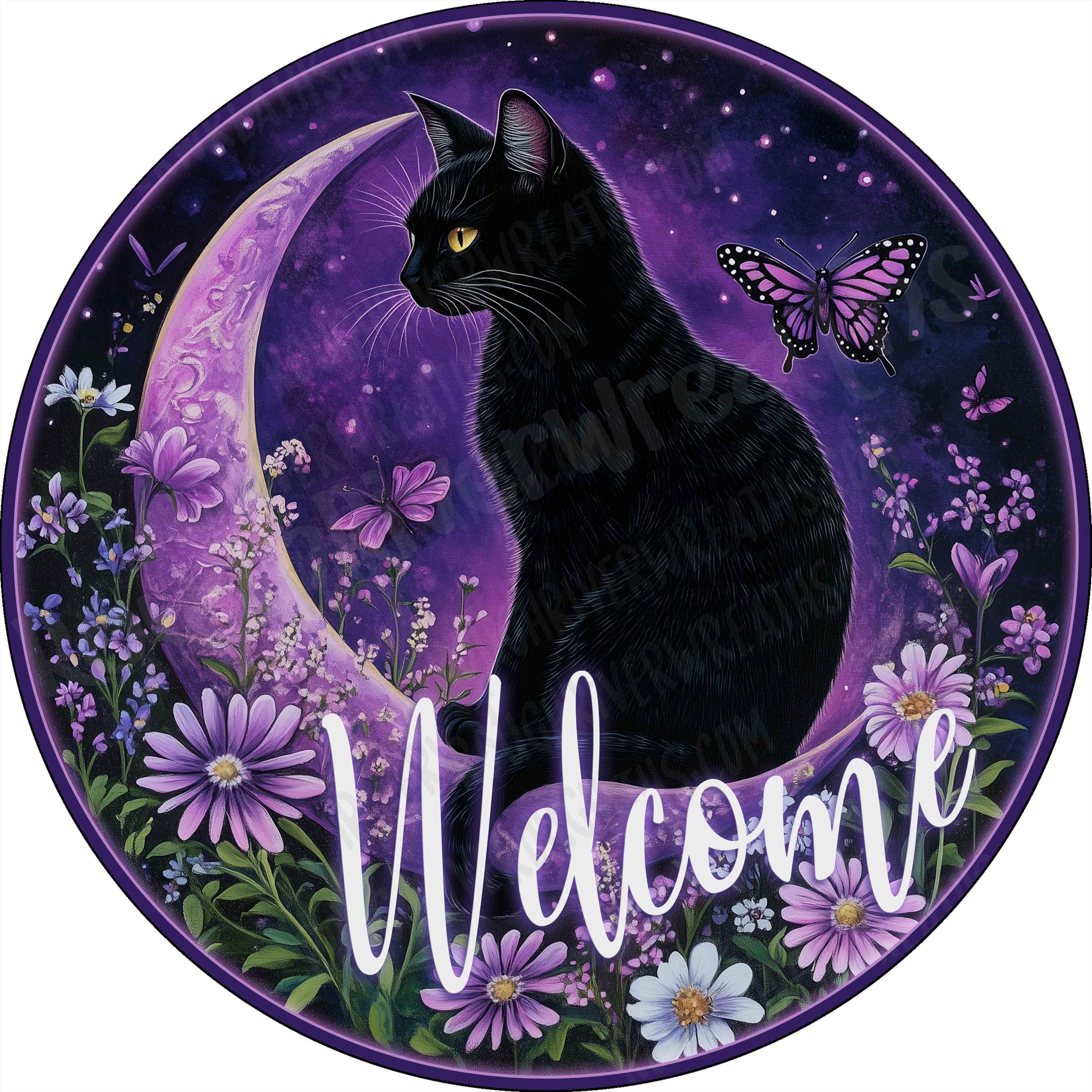 Adorable Black Cat sitting in a Crescent Moon Wreath Sign, Halloween Wreath Sign, Cat Wreath Sign, Aluminum Sign for Wreath Making