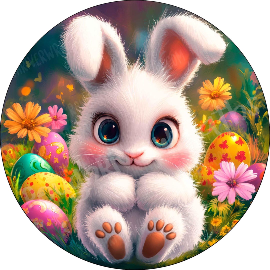 Easter Rabbit Round DIGITAL - Easter Bunny Rabbit With Colorful Flowers and Eggs PNG ...
