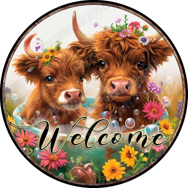 Cow Wreath Sign, Highland Cow Sign, Farmhouse Sign, Cow Decor, Highland Cow Wreath Sign, Metal Wreath Sign, Barrel Wreath Sign