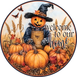 Cute Scarecrow Wreath Sign, Fall Sign, Scarecrow & Pumpkins Sign, Wreath Sign, Aluminum Sign for Wreath Making, Colorful Fall Wreath Sign