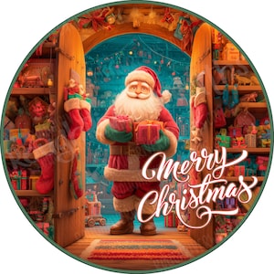May include: A circular Christmas-themed illustration featuring Santa Claus holding gifts, standing in a doorway. The text "Merry Christmas" is written in a decorative script. Shelves are filled with toys and gifts, and red stockings hang on the door.
