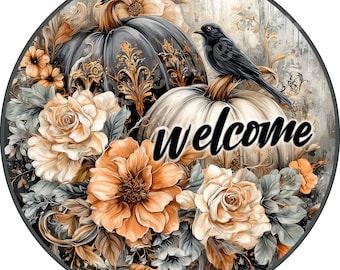 Black Bird Floral Pumpkin Aluminum Sign, One Dimensional Flat - Lightweight-No Holes-Primary use is attaching to wreath