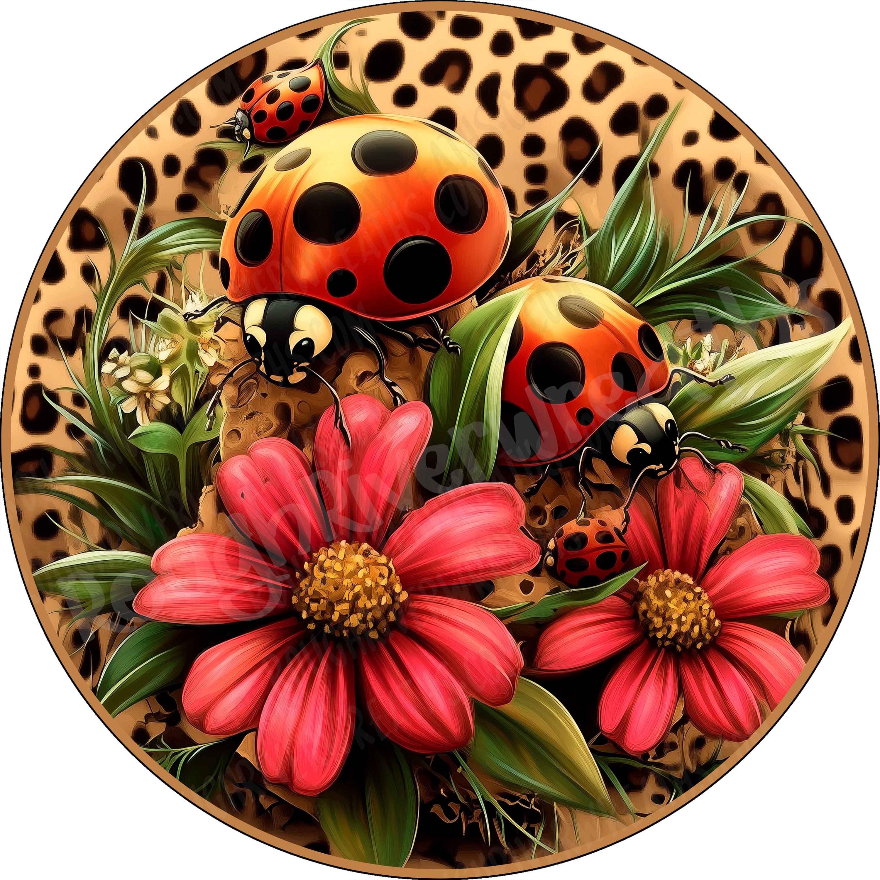 Ladybug With Flowers on Leopard Print Aluminum Wreath Sign, Flat