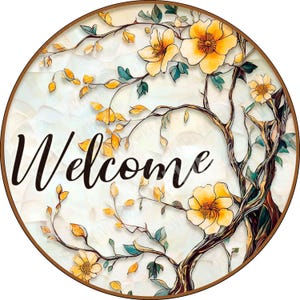 Letrero de bienvenida con corona floral amarilla, letrero de bienvenida colorido, letrero de aluminio para hacer coronas, letrero de bienvenida con flores amarillas