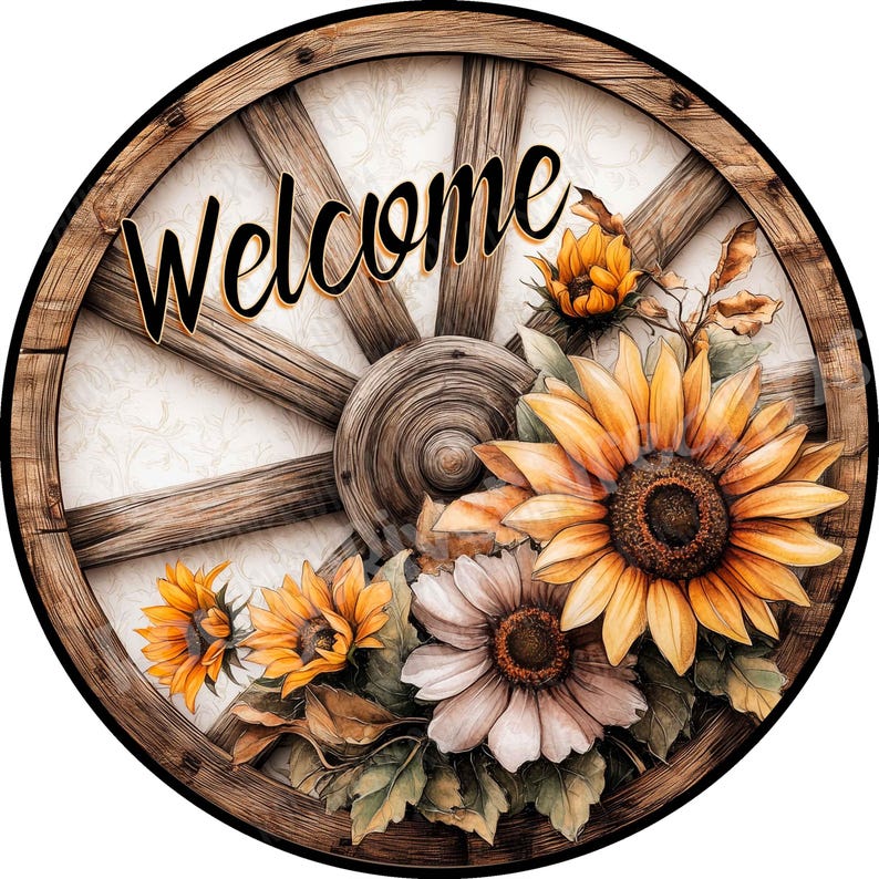 Sunflowers and Wagon Wheel Wreath Sign, Sunflower Sign, Home Sweet Home ...