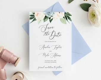 Dusty Blue Wedding Save the Date Printable, Floral Watercolor Save the Date Card, DIY Instant Download Template - Amelia Suite