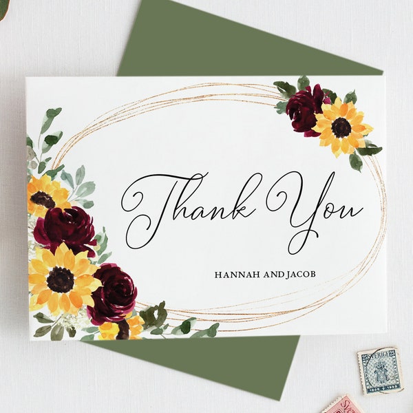 Sunflower & Roses Printable Thank You Cards, Personalized Wedding Thank You Notes, Editable Template, Instant Download - Hannah  Rose Suite