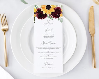 Sunflower and Roses Wedding Menu Template, Country Floral Wedding Menu Cards, Instant Download, DIY Editable - Hannah Rose Suite