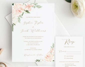 Blush & Gold Printable Wedding Invitation Template, Floral Wedding Invitation Set, DIY Instant Download - Sophia Suite