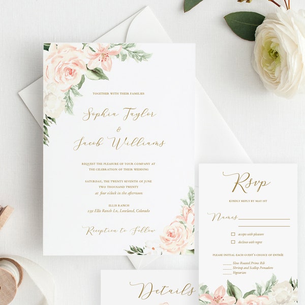 Blush & Gold Printable Wedding Invitation Template, Floral Wedding Invitation Set, DIY Instant Download - Sophia Suite