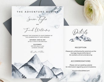 Mountain Wedding Invitation Template, Rustic Blue Mountain Top Wedding Invite Set, DIY Instant Download - Sierra Suite