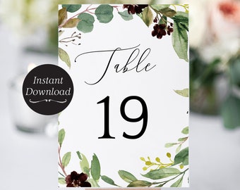 Wedding Table Numbers, Printable Table Numbers, Instant Download, DIY Editable Greenery Eucalyptus Numbers - Emma Suite