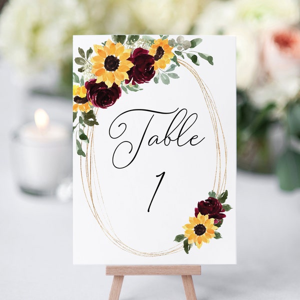 Sonnenblumen und Rosen Hochzeit Tischnummern, druckbare Tischnummern, sofortiger Download, DIY bearbeitbare Bankett Nummern - Hannah Rose Reihe