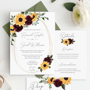 Sunflower and Rose Wedding Invitation Template, Rustic Country Barn Wedding Invite Set, DIY Instant Download - Hannah Rose Suite