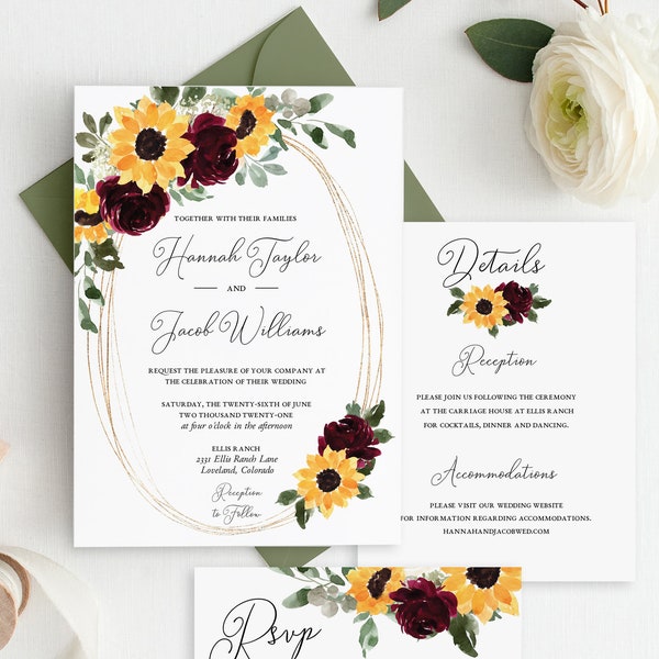 Sunflower and Rose Wedding Invitation Template, Rustic Country Barn Wedding Invite Set, DIY Instant Download - Hannah Rose Suite