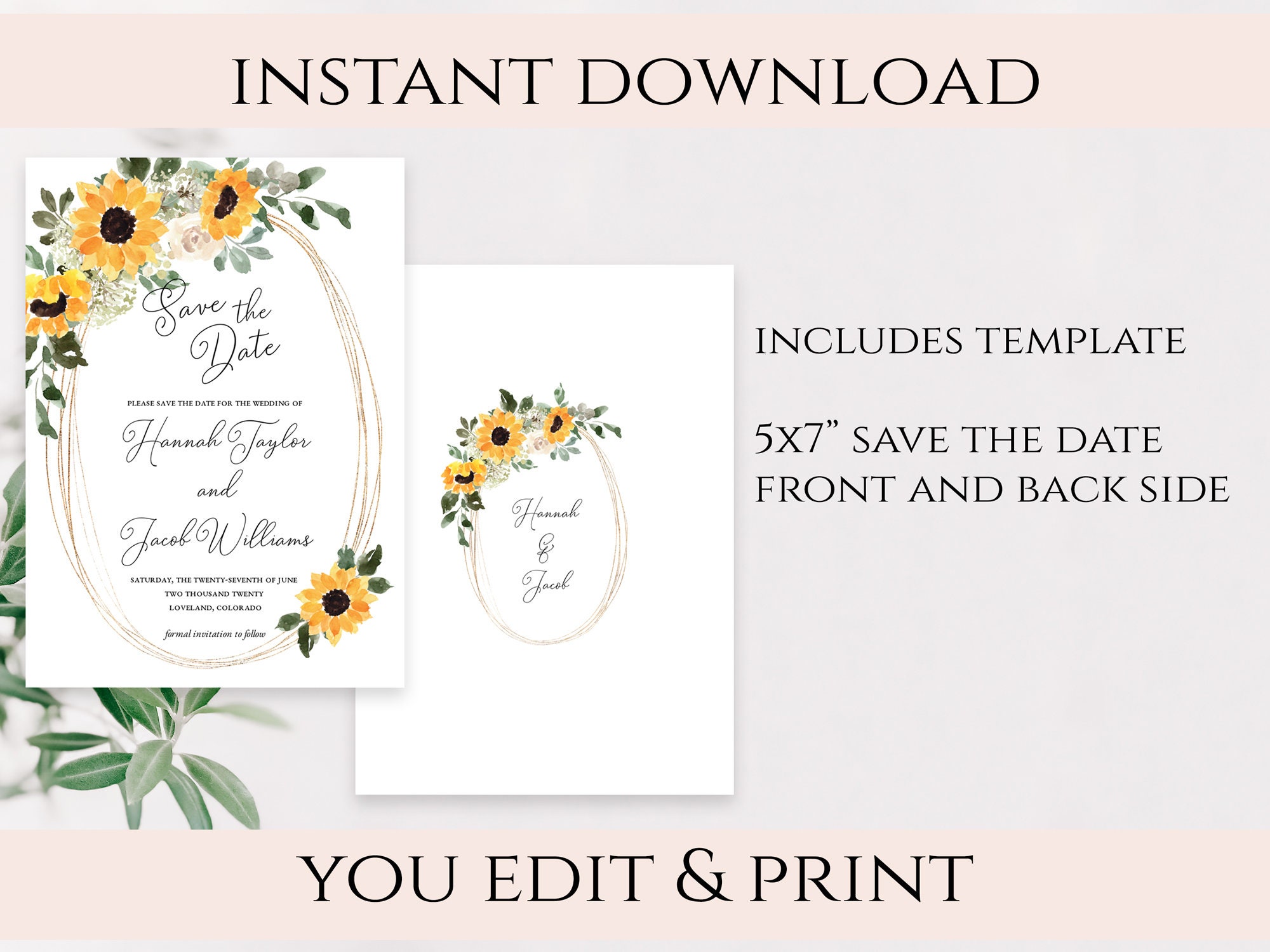 Rustic Sunflower Save the Date Printable, Country Save the Date Card ...