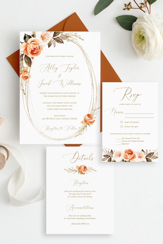 Fall Wedding Invitations Fall Watercolor Floral Wedding Invitation Response Card  Invitation Suite Digital or Printed