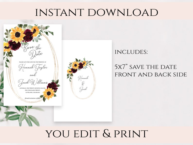 Rustic Sunflower and Red Roses Save the Date Printable Etsy
