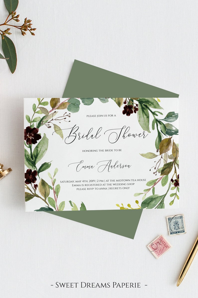 Emma Suite Greenery Bridal Shower Invite Printable Boho Bridal Shower Invitations DIY Instant Download Editable Template
