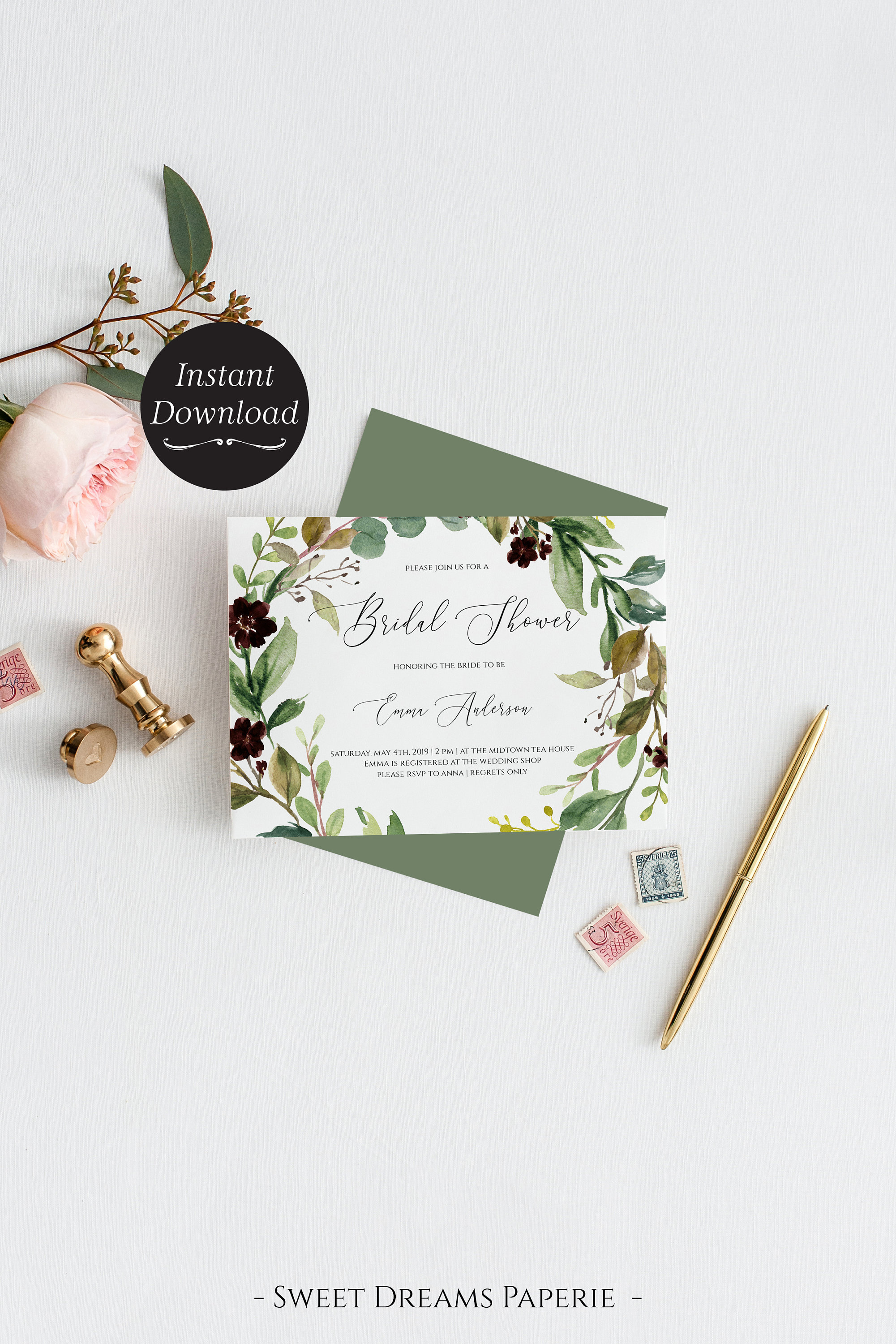 Emma Suite Greenery Bridal Shower Invite Printable Boho Bridal Shower Invitations DIY Instant Download Editable Template