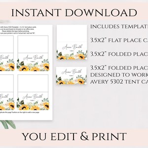 Sunflower Wedding Place Card Template, DIY Rustic Barn Wedding Escort ...