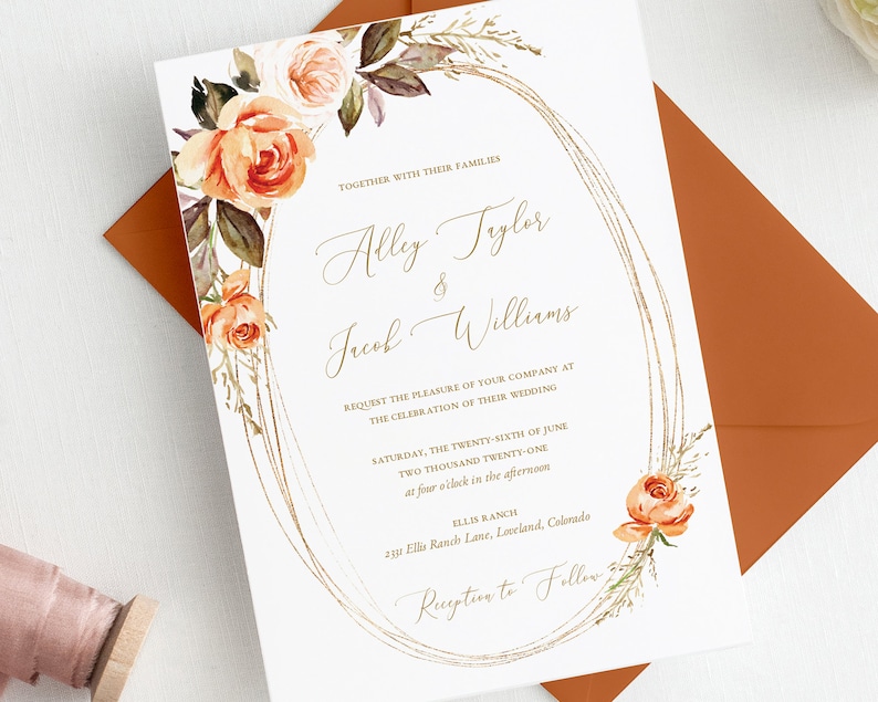 Fall Wedding Invitation Template Burnt Orange Floral