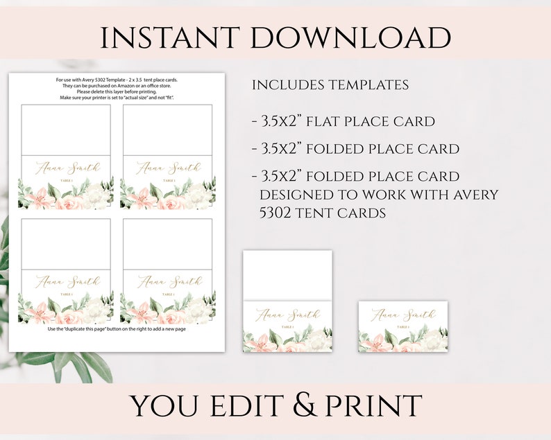 Printable Blush and Gold Wedding Place Card Template Wedding Table Name Cards DIY Wedding Escort Cards Sophia Suite