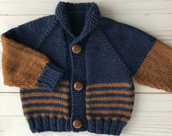 Navy Stripe “Denise” or “Denephew" Cardigan with Leather Buttons, Hand Knit for Baby Boys, Girls, Toddlers, Kids