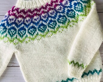Hand Knit Rainbow Fair Isle Baby Sweater: Superwash Wool Jumper