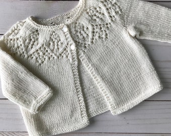 Lacy Yoke "Meredith" Cashmere Merino Cardigan, Hand knit for Baby Girls, Boys, Toddlers & Kids