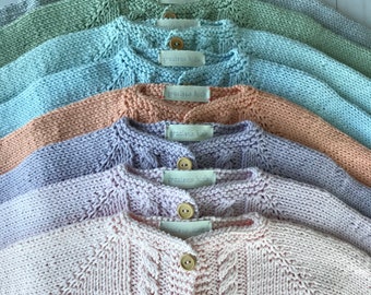 100% Cotton Cable Cardigan with Wooden Buttons, Hand Knit for Girls, Boys, Toddlers & Kids