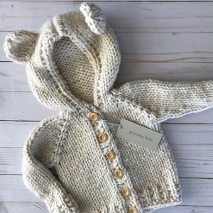 Sweat à capuche ours en peluche pour bébé, tout-petit, enfant, garçon et fille Cardigan en tricot à la main avec boutons en bois