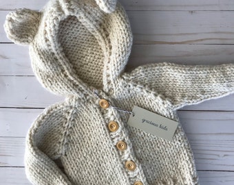 Hand Knit Teddy Bear Hoodie: Baby Wool Blend Cardigan with Wooden Buttons