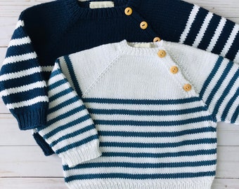 Hand Knit Cotton Nautical Stripe Sweater: Baby Marinière with Wooden Buttons
