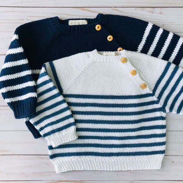 Classic Button Shoulder 100% Cotton Nautical Stripe Sweater Marinière, Hand Knit for Baby Girls, Boys, Toddlers & Kids