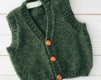 Hand Knit Baby Vest: Wool Blend Button-Front Waistcoat