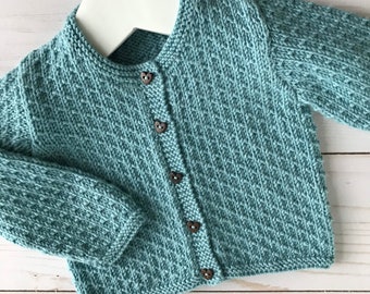 Textured "Little Olivia" Cardigan, Hand Knit for Baby Girls, Toddlers, & Kids with Heart Shaped Wooden Buttons