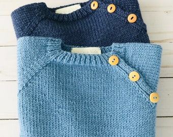 Classic Button Shoulder 100% Merino Sweater, Hand Knit for Baby Girls, Boys, Toddlers & Kids