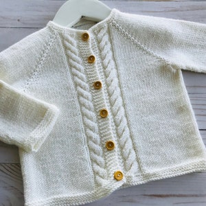 Cable Cardigan with Wooden Buttons, Hand Knit in 100%  Superwash Merino for Baby Girls, Boys, Toddlers & Kids