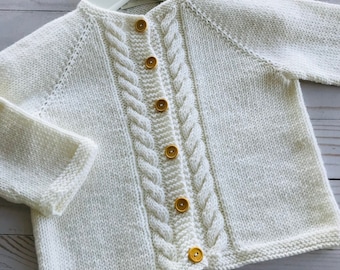 Hand Knit Baby Cable Cardigan: Superwash Merino Wool, Wooden Buttons