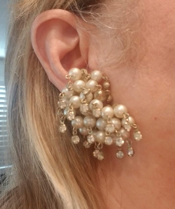 Costume Faux Pearl and Rhinestone ChaCha Earrings