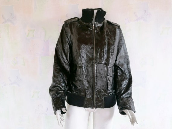 Vintage Black Patent Leather Jacket, Real Leather