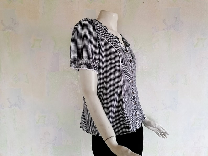 Vintage S/'Landgwand Black White Fine Squares Pattern Trachten Top Short Sleeves Blouse Adjustable Waist Front Button-down Embroidered Accent