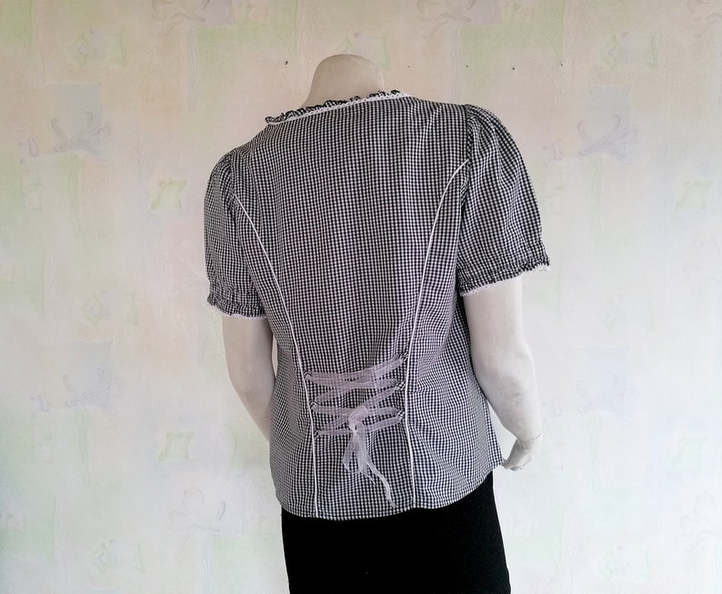 Vintage S/'Landgwand Black White Fine Squares Pattern Trachten Top Short Sleeves Blouse Adjustable Waist Front Button-down Embroidered Accent