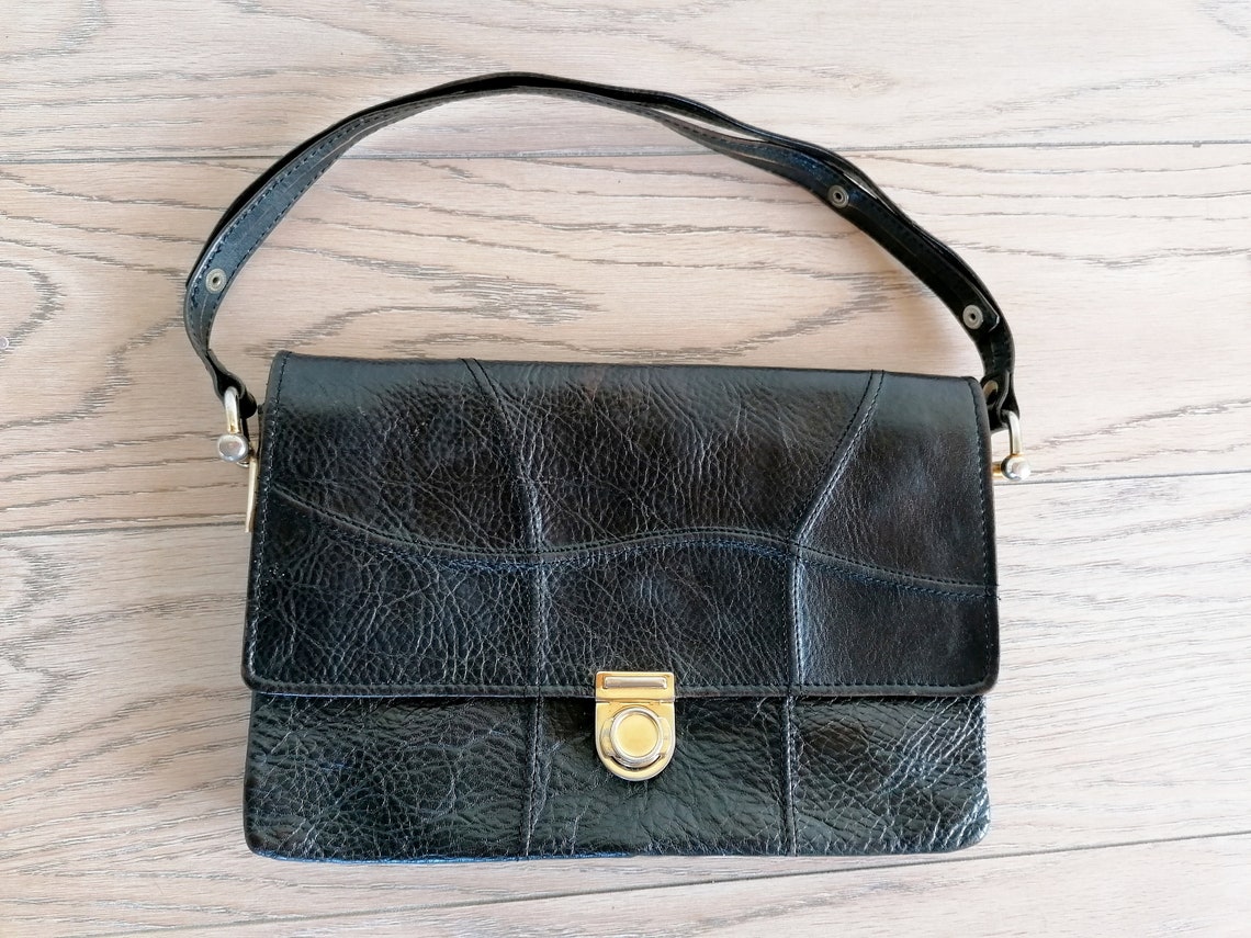 Retro 1970s Black Leather Handbag Shoulder Bag Genuine - Etsy