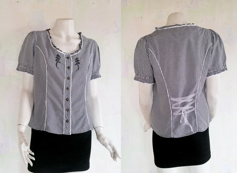 Vintage S/'Landgwand Black White Fine Squares Pattern Trachten Top Short Sleeves Blouse Adjustable Waist Front Button-down Embroidered Accent